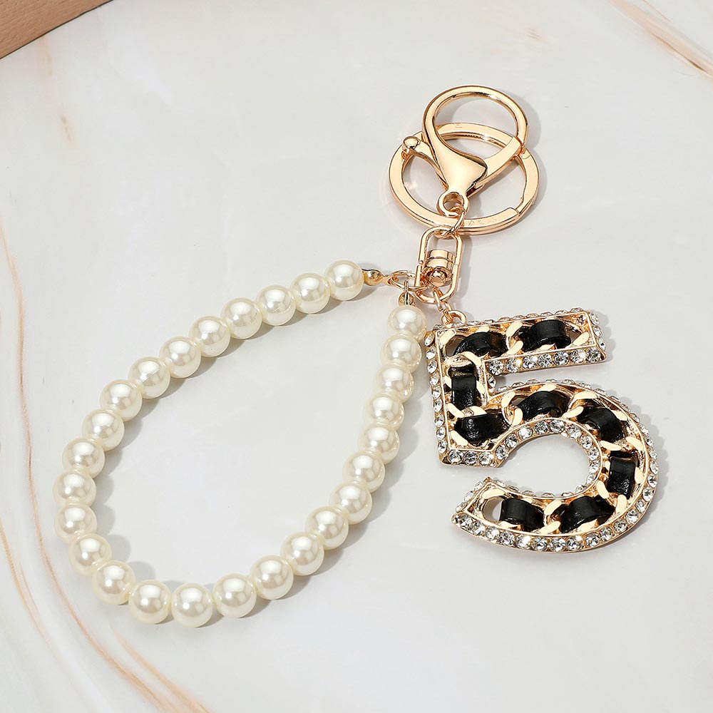 Faux Leather Threaded Number Five Pearl Beaded Keychain / Bag Charm