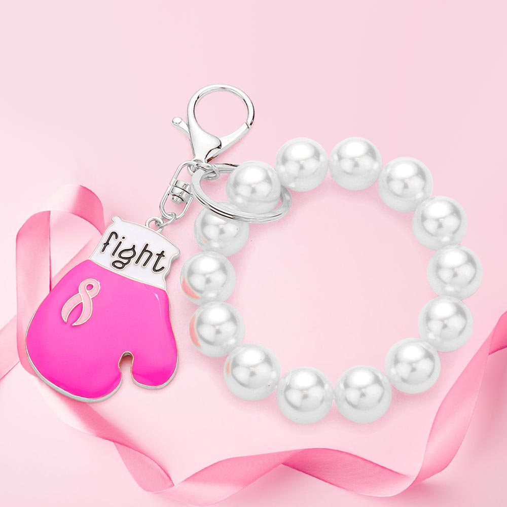 Fight Message Pink Ribbon Glove Pearl Stretch Keychain / Bracelet
