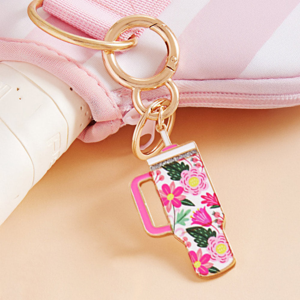 Enamel Floral Pattern Tumbler Back Engraved Keychain / Bag Charm