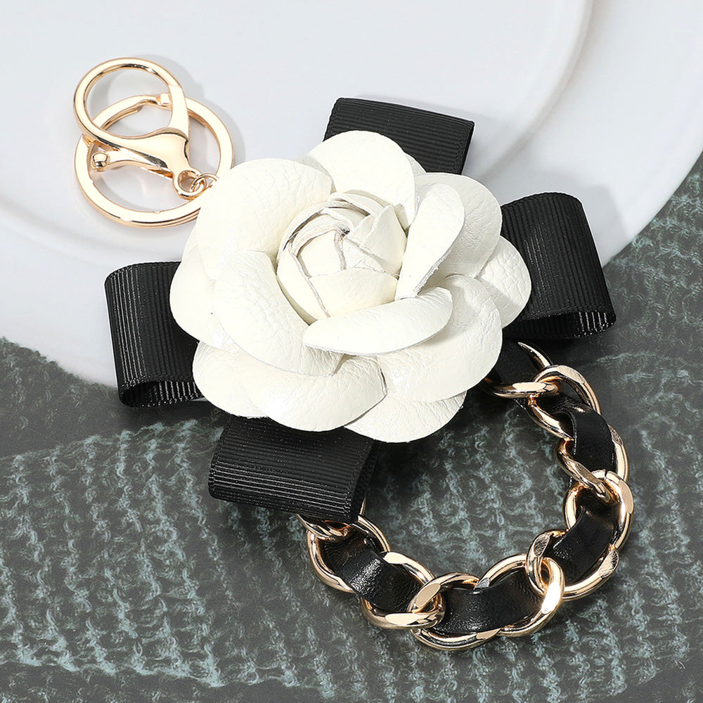 Bow Rose Pointed Faux Leather Chain Link Keychain / Bag Charm