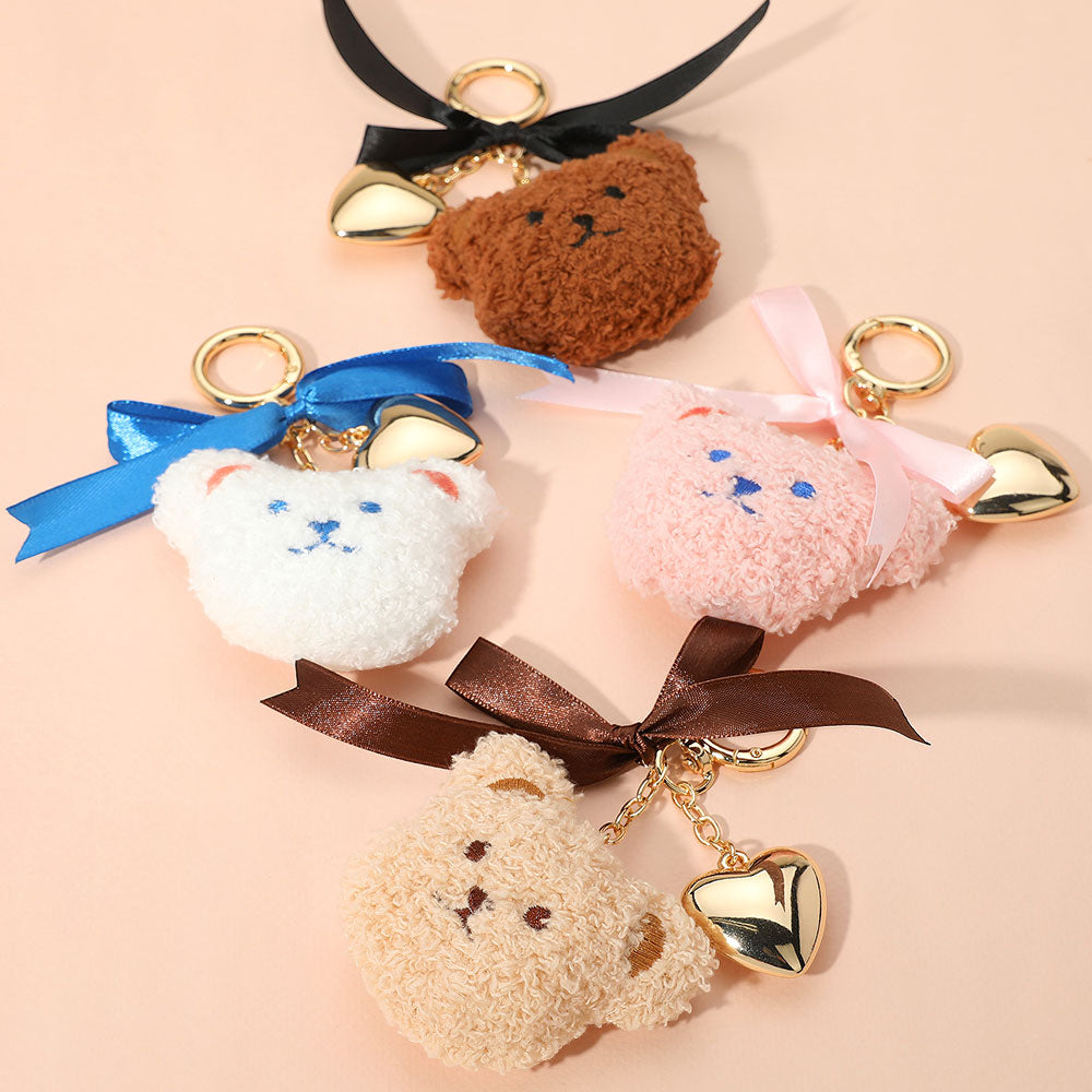 Bow Metal Heart Charm Fluffy Teddy Bear Face Plush Doll Keychain / Bag Charm