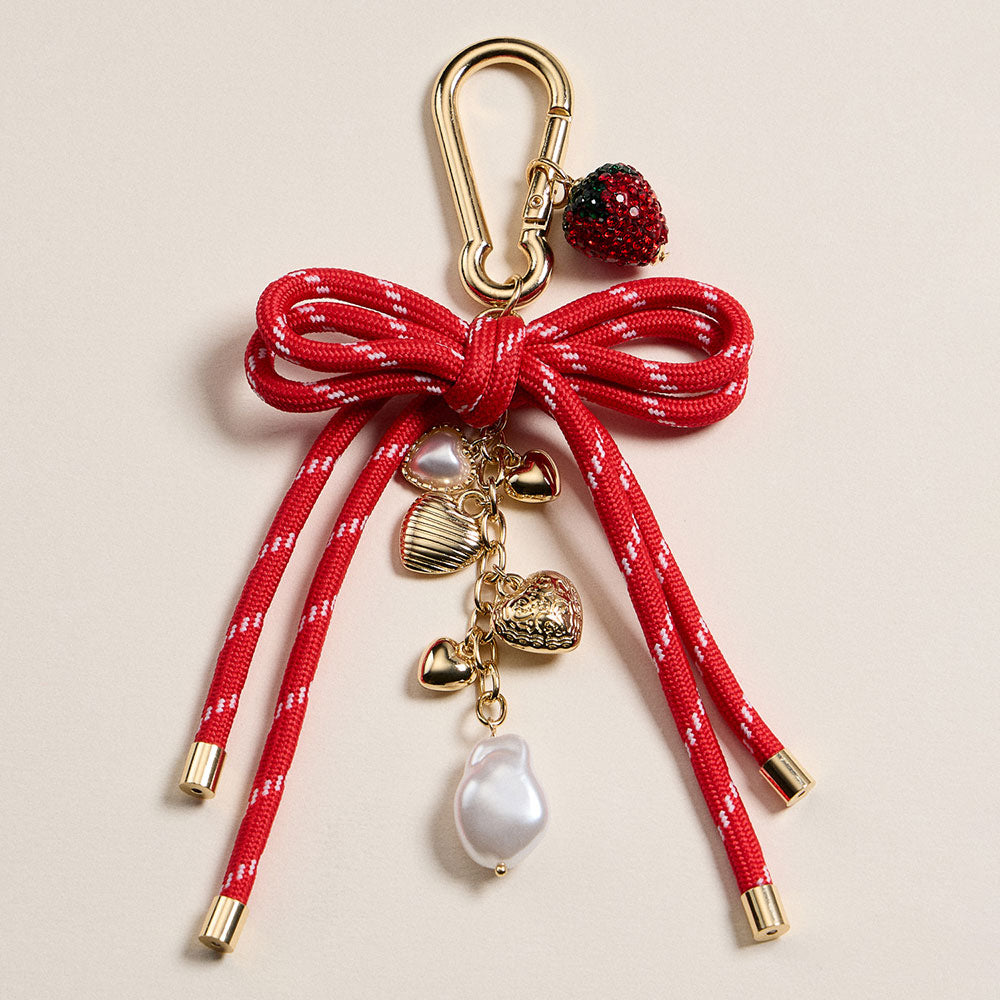 Bow Knot Accent Metal Heart Pearl Strawberry Charm Keychain / Bag Charm