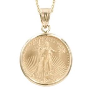Antwerp Diamonds PCT500Y Coin Necklace with Eagle $5 Liberty Coin, 1/10 ounce gold, us treasury, with 14k yg polished bezel