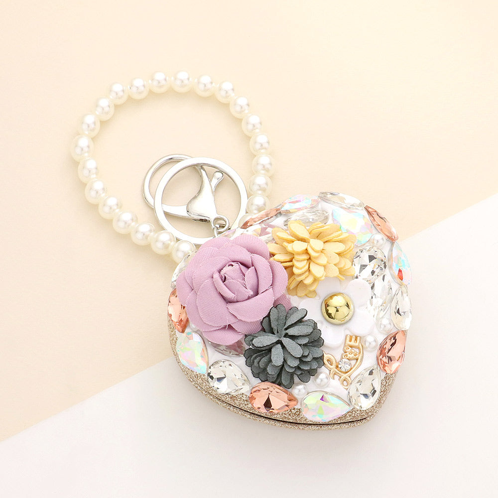 Floral Pearl Multi Bead Embellished Heart Compact Mirror / Keychain