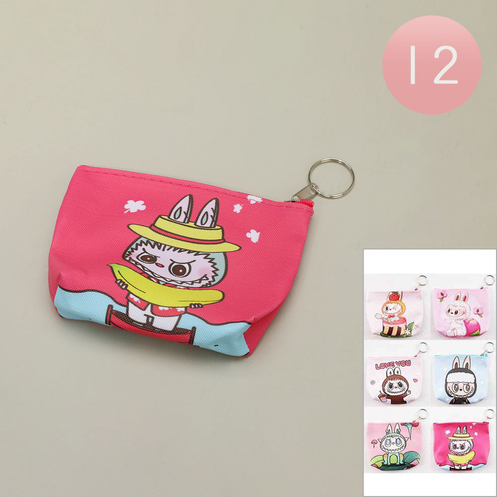12PCS - Fun Monster Bunny Character Printed Mini Keychain Pouch Bags / Coin Purses