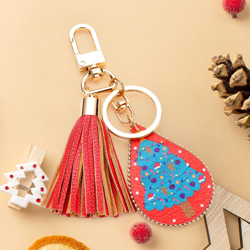 Christmas Tree Print Faux Leather Teardrop Tassel Keychain / Bag Charm