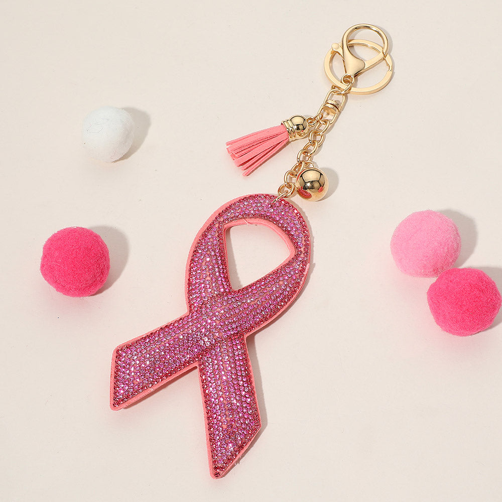 Felt Back Bling Studded Plush Pink Ribbon Keychain / Bag Charm