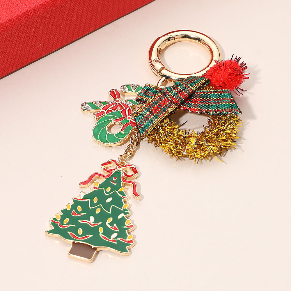 Festive Christmas Tree Wreath Candy Cane Pom Pom Keychain / Bag Charm