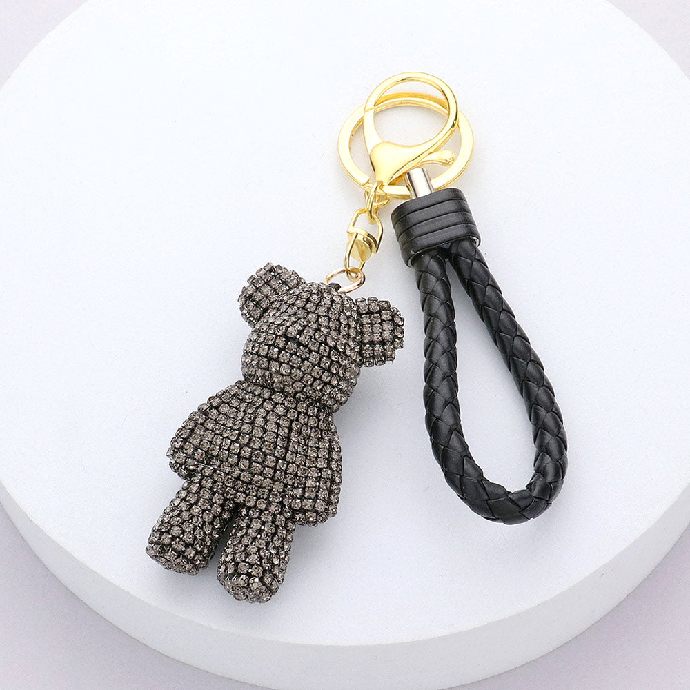 Bling Bear Rhinestone Faux Leather Strap Keychain