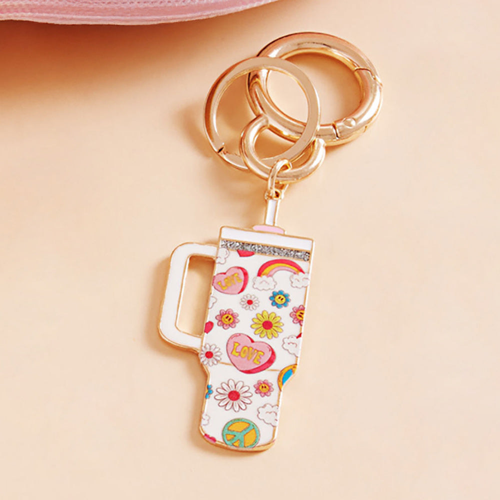 Enamel LOVE Message Smile Face Floral Pattern Tumbler Back Engraved Keychain / Bag Charm