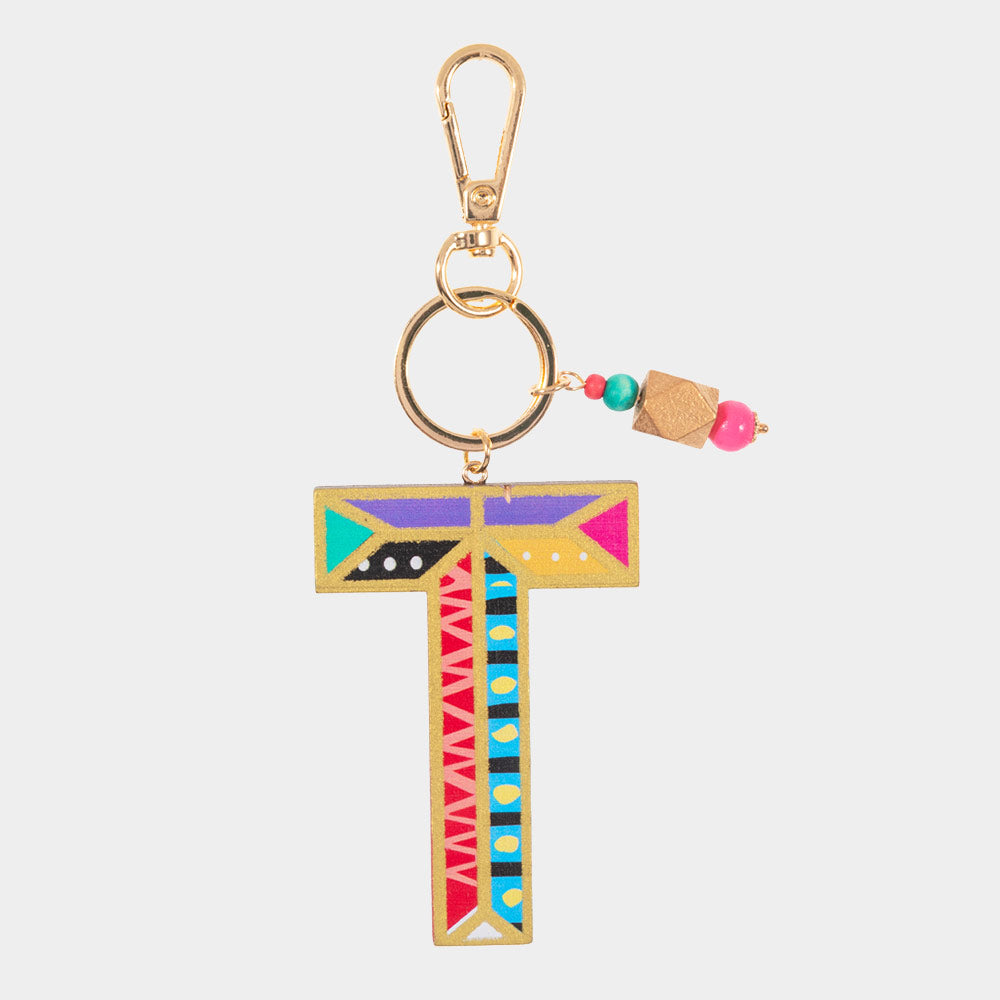 -T- Geometric Patterned Wood Initial Monogram Keychain