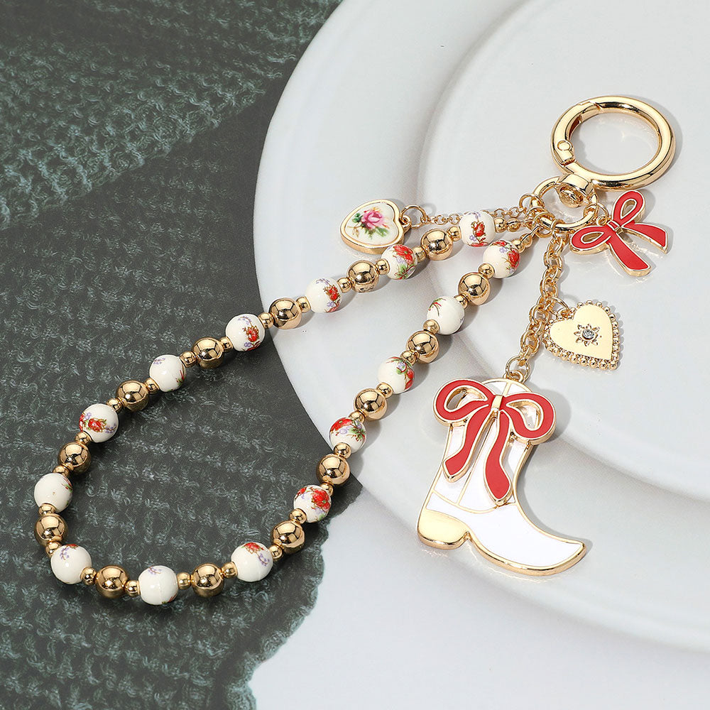 Enamel Bow Cowboy Boot Heart Floral Ceramic Ball Beaded Keychain / Bag Charm