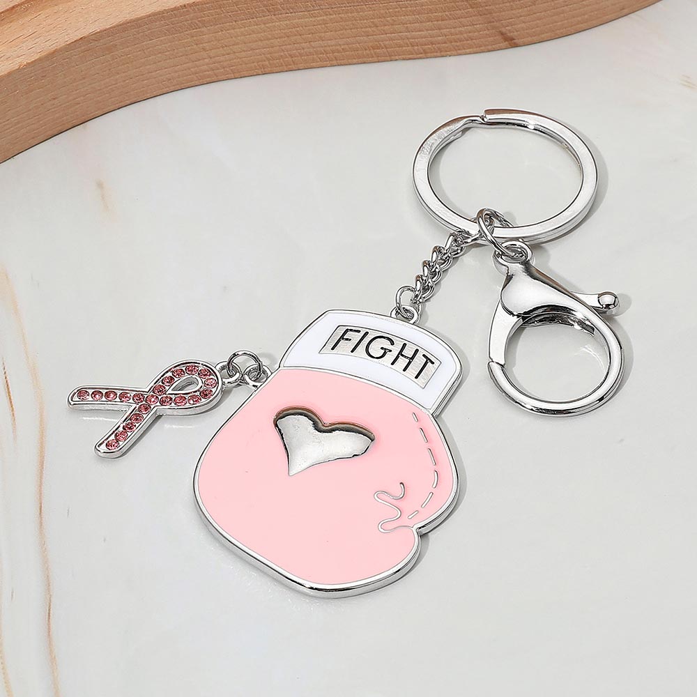 Fight Message Boxing Glove Awareness Pink Ribbon Dangle Keychain / Bag Charm