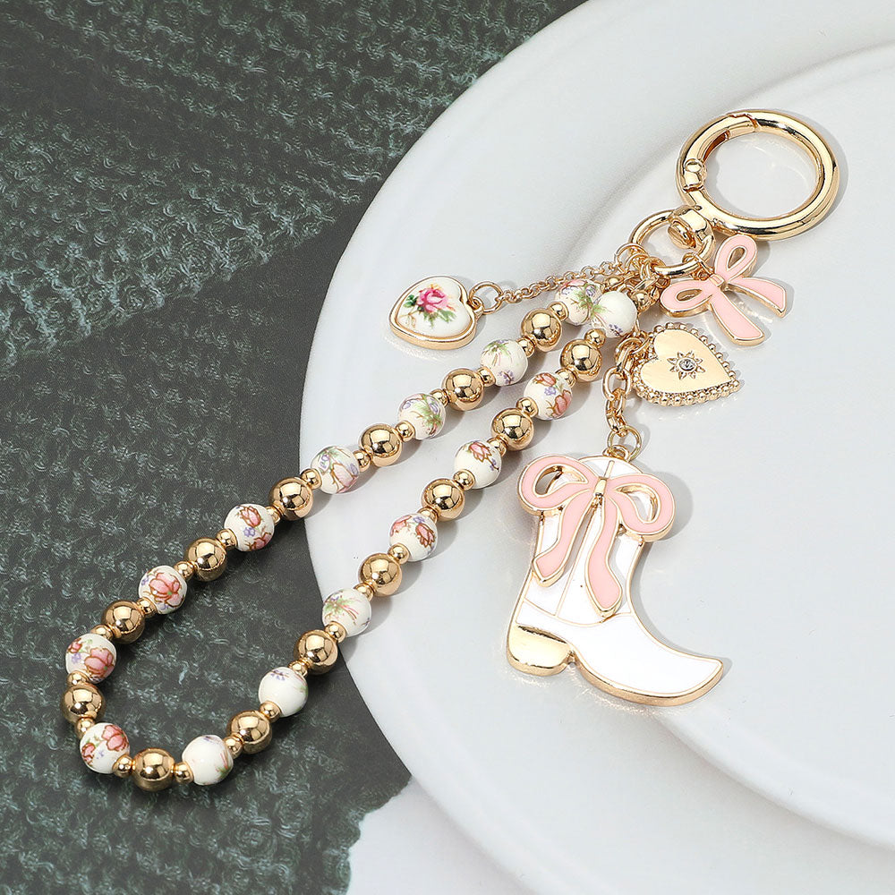 Enamel Bow Cowboy Boot Heart Floral Ceramic Ball Beaded Keychain / Bag Charm