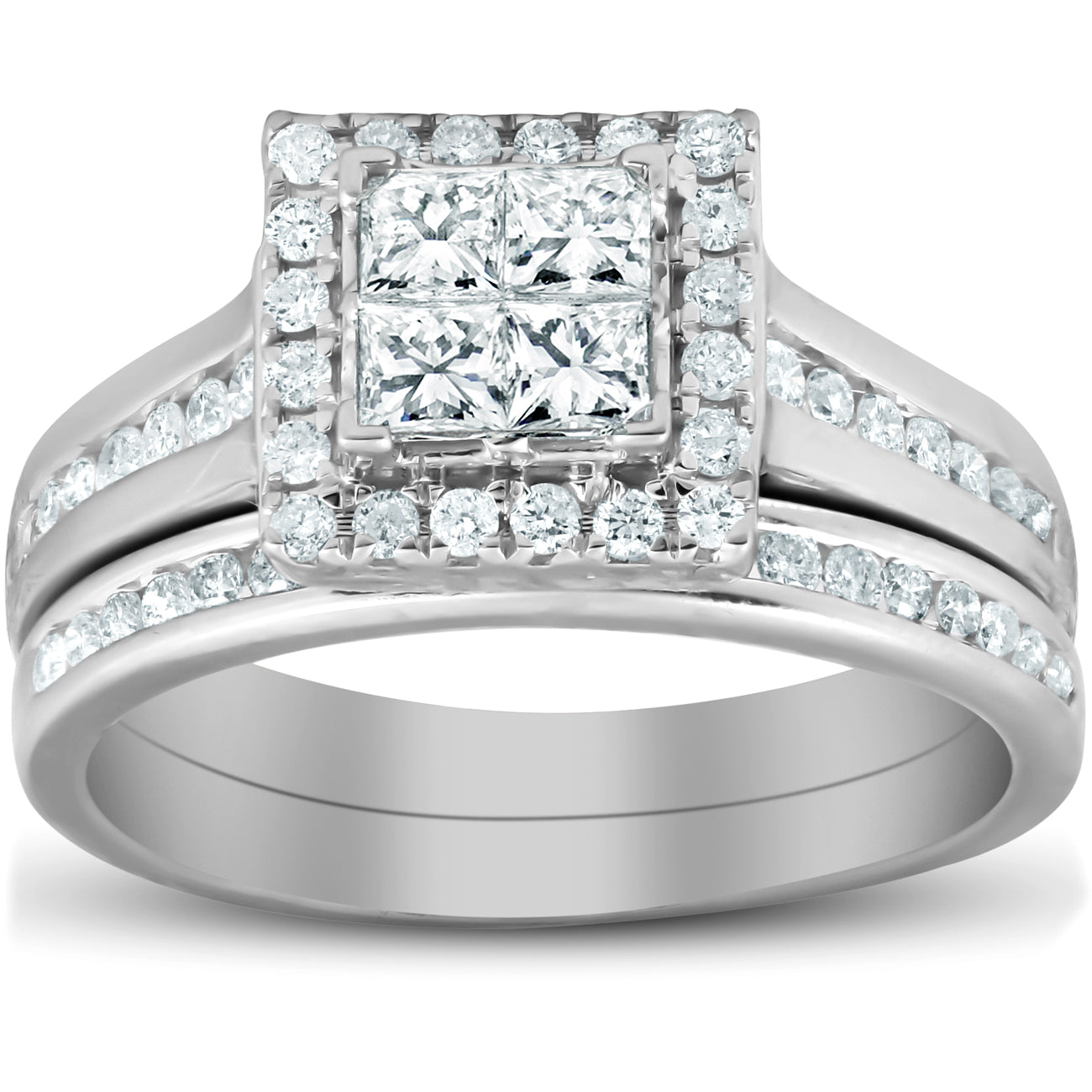 1 Ct TDW Princess Cut Halo Diamond Engagement Wedding Ring Set 10k White Gold