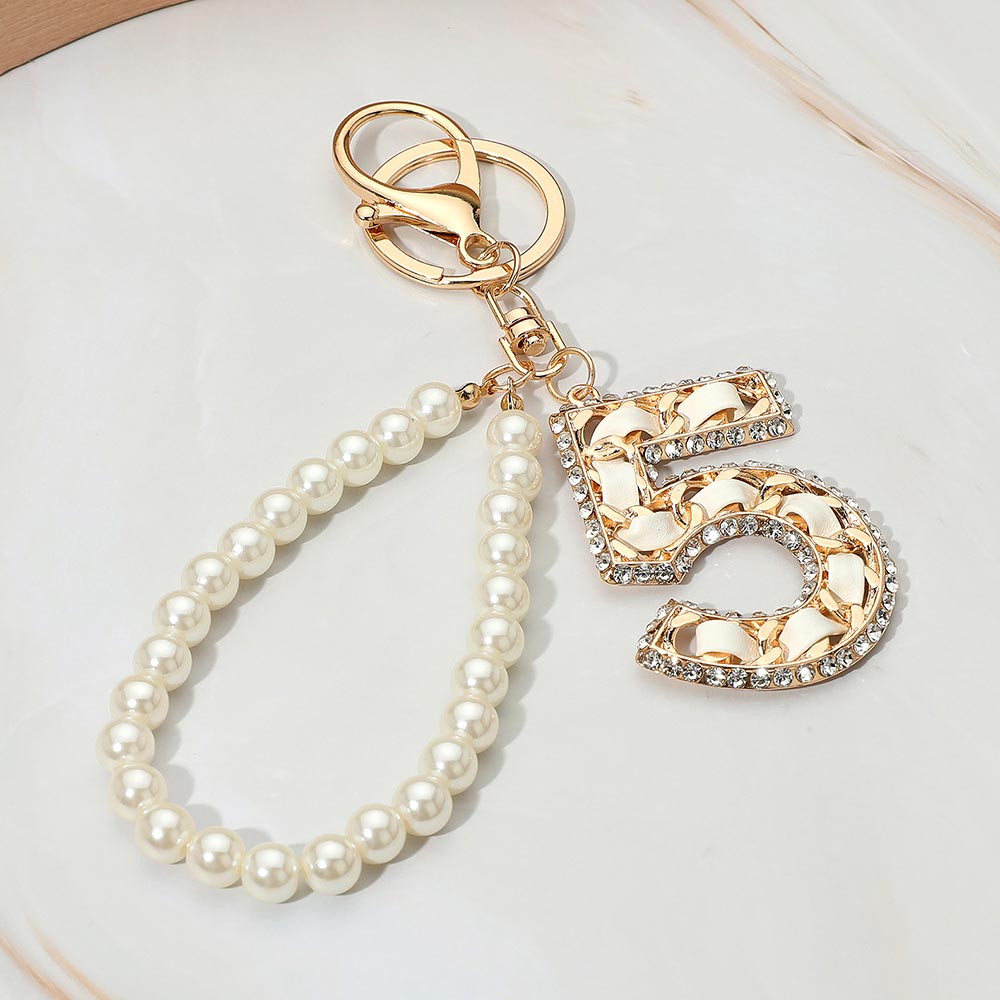 Faux Leather Threaded Number Five Pearl Beaded Keychain / Bag Charm