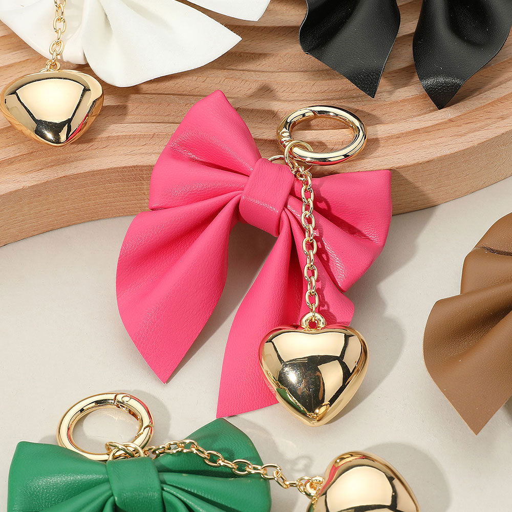 Faux Leather Bow Metal Heart Drop Keychain / Bag Charm
