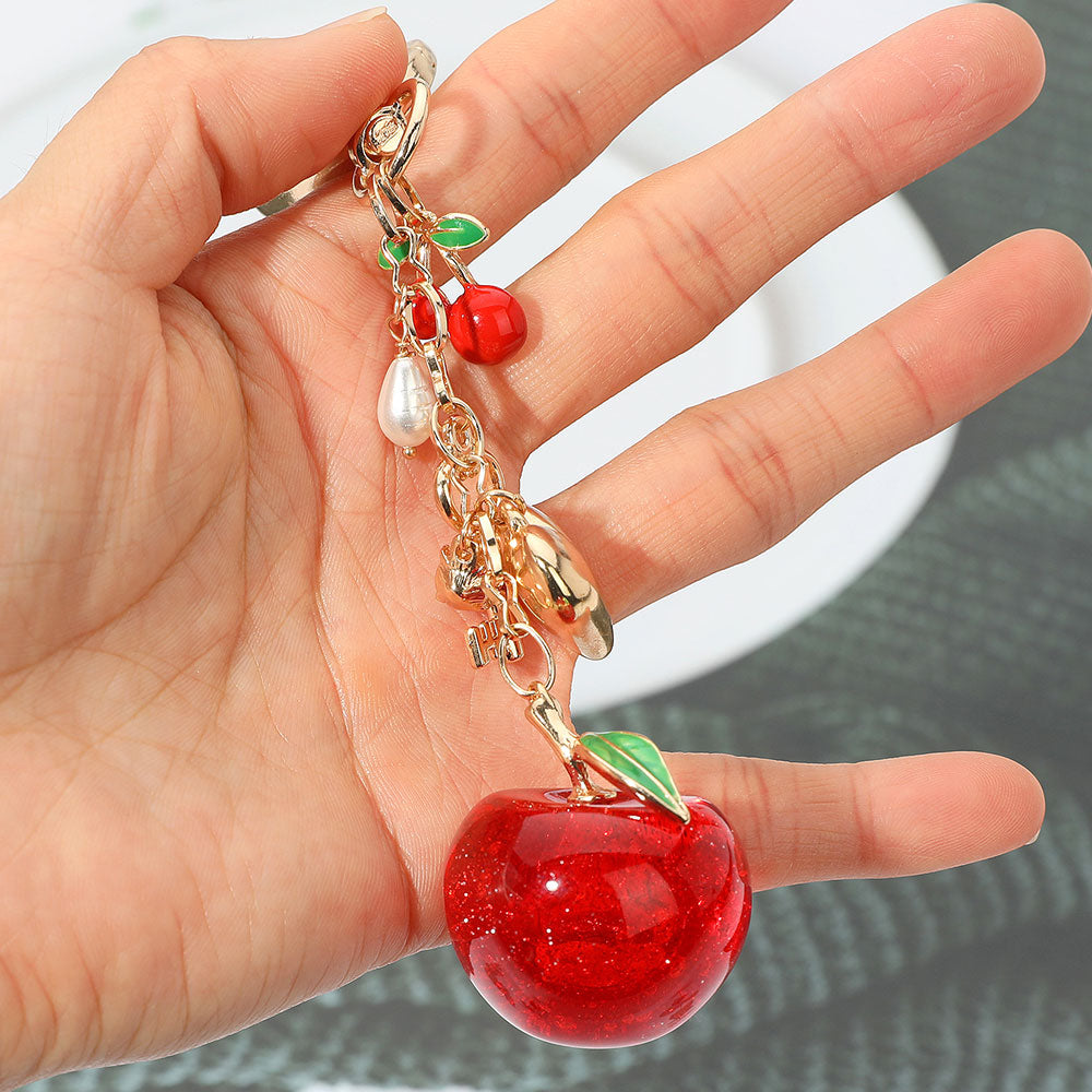 Enamel Cherry Pearl Metal Heart Key Charm Embellished Apple Drop Keychain / Bag Charm