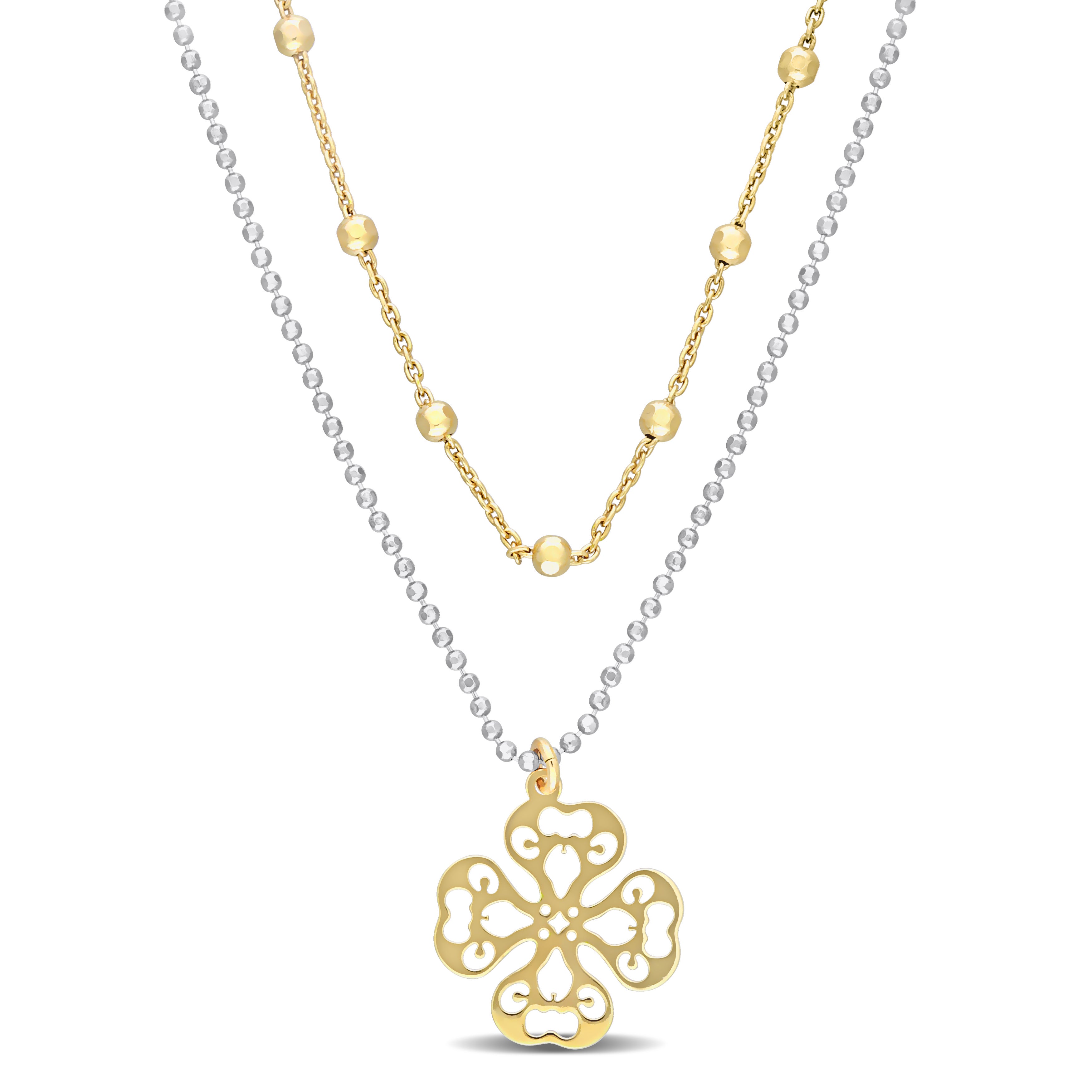 2-Tone 2-Strand Ball Bead Chain Necklace in 18K Yellow Gold Plated Sterling Silver, 19 in