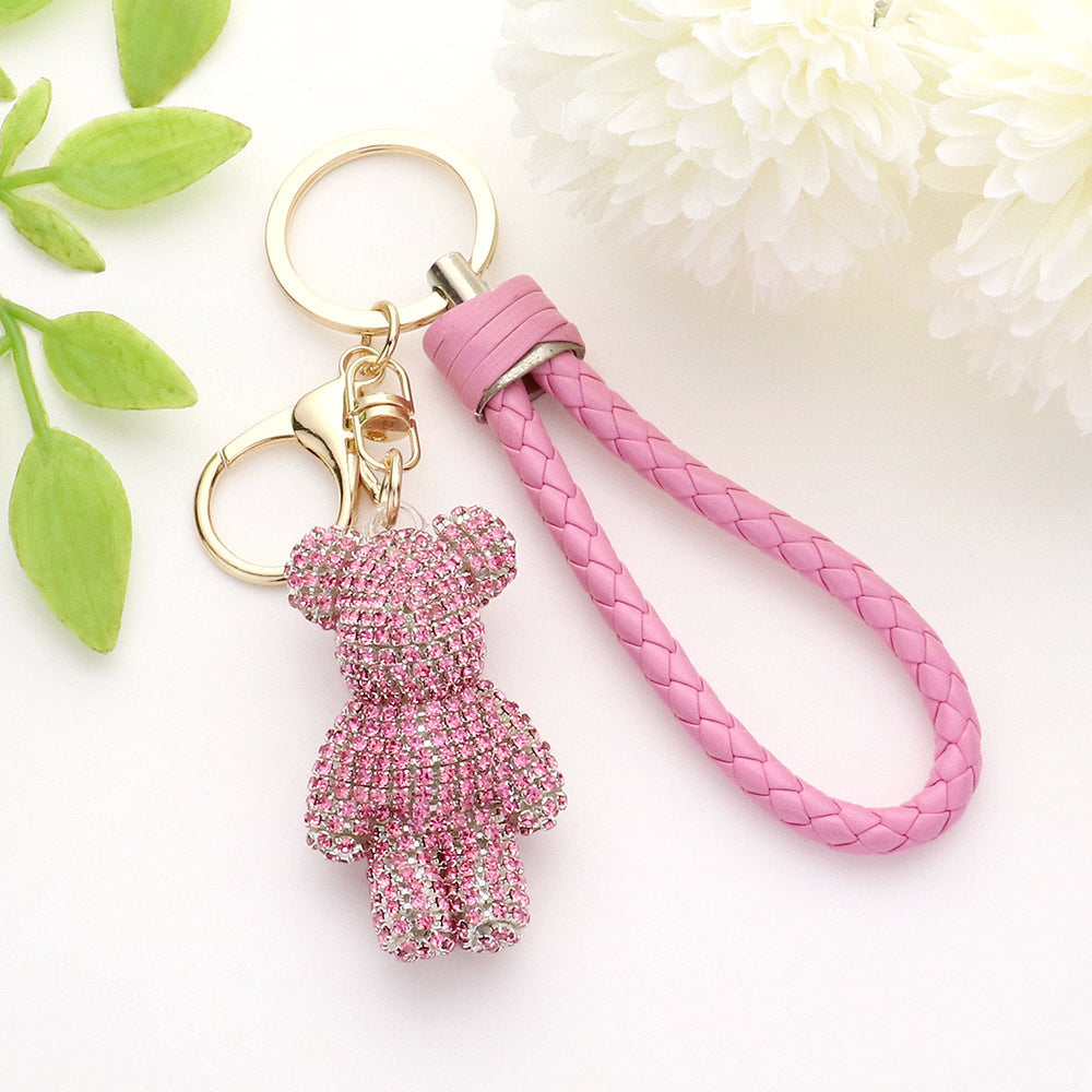 Bling 1.25" X 2.25", 4.9" L Bear Figure Faux Leather Strap Keychain