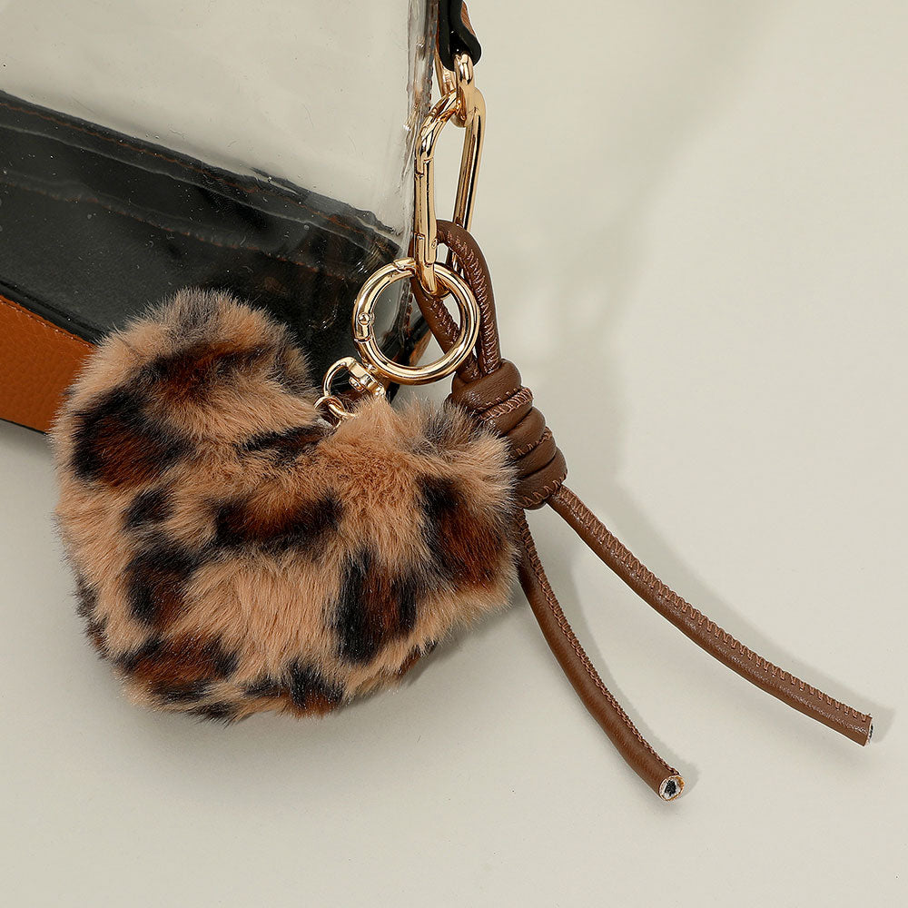 Fuzzy Plush Leopard Heart Faux Leather Knot Tie Keychain / Bag Charm