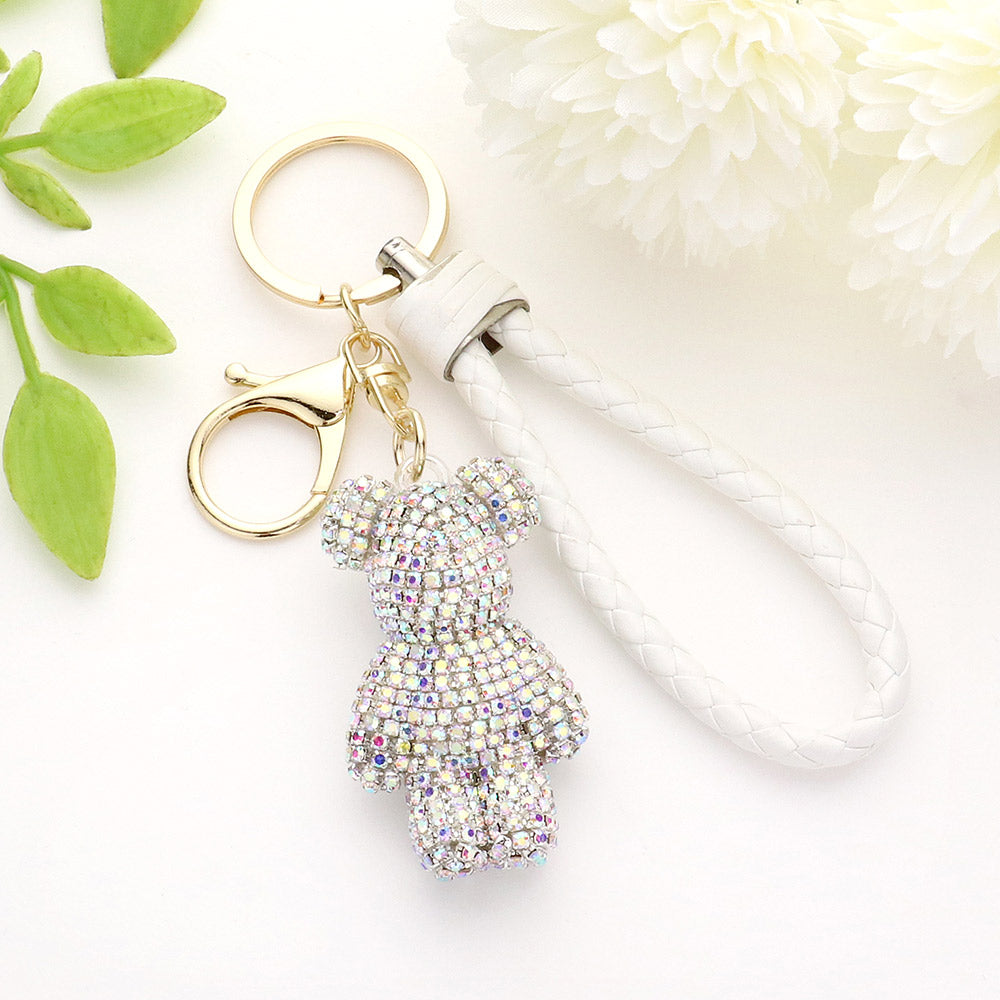 Bling 1.25" X 2.25", 4.9" L Bear Figure Faux Leather Strap Keychain