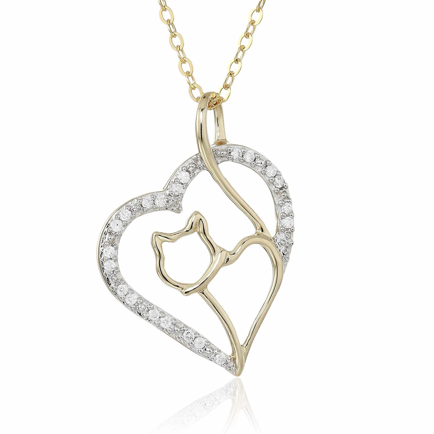 1/10 cttw Diamond Cat and Heart Pendant 14K Yellow Gold 18 Inch Chain