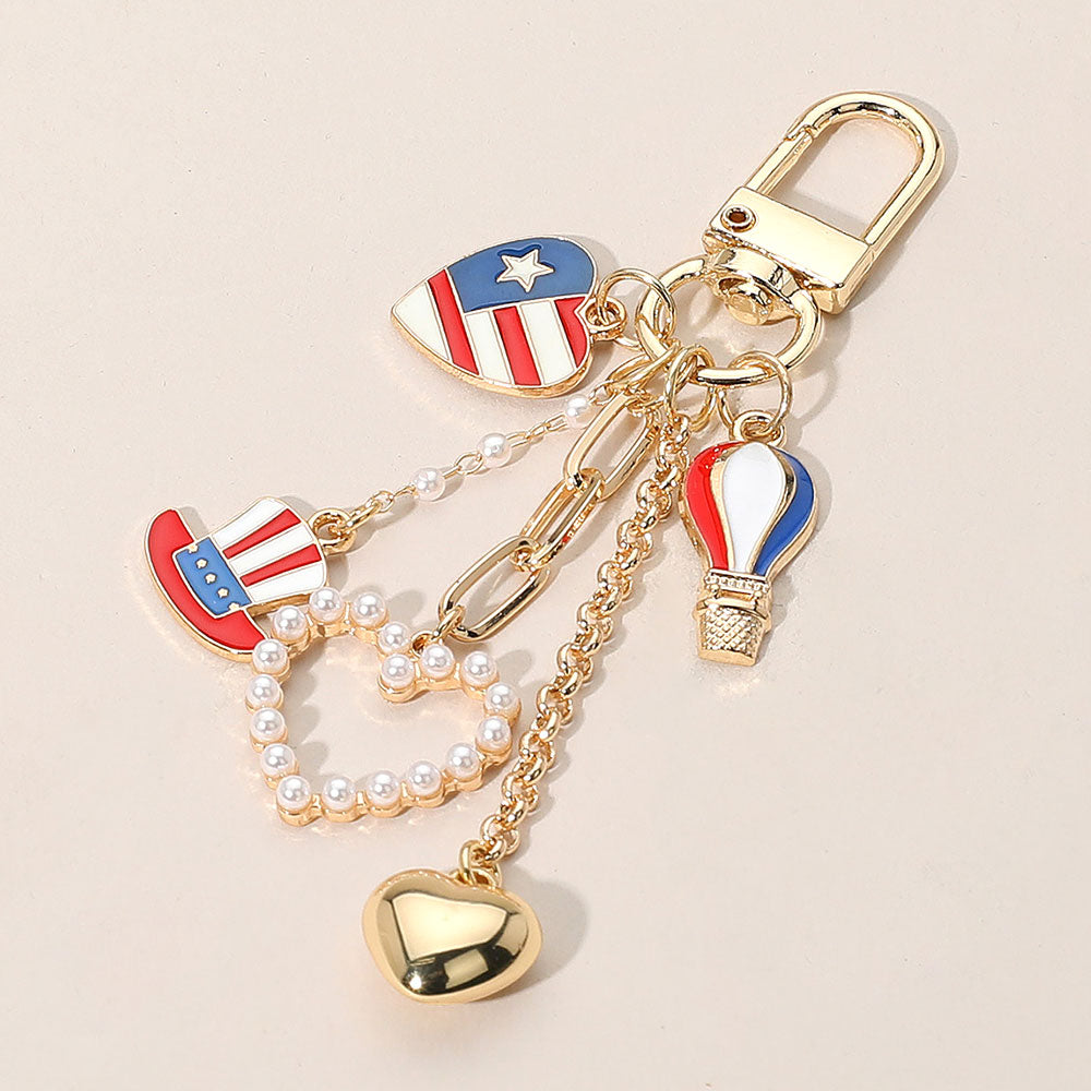 Enamel American USA Flag Hat Balloon Pearl Heart Charm Tip Dangle Keychain / Bag Charm