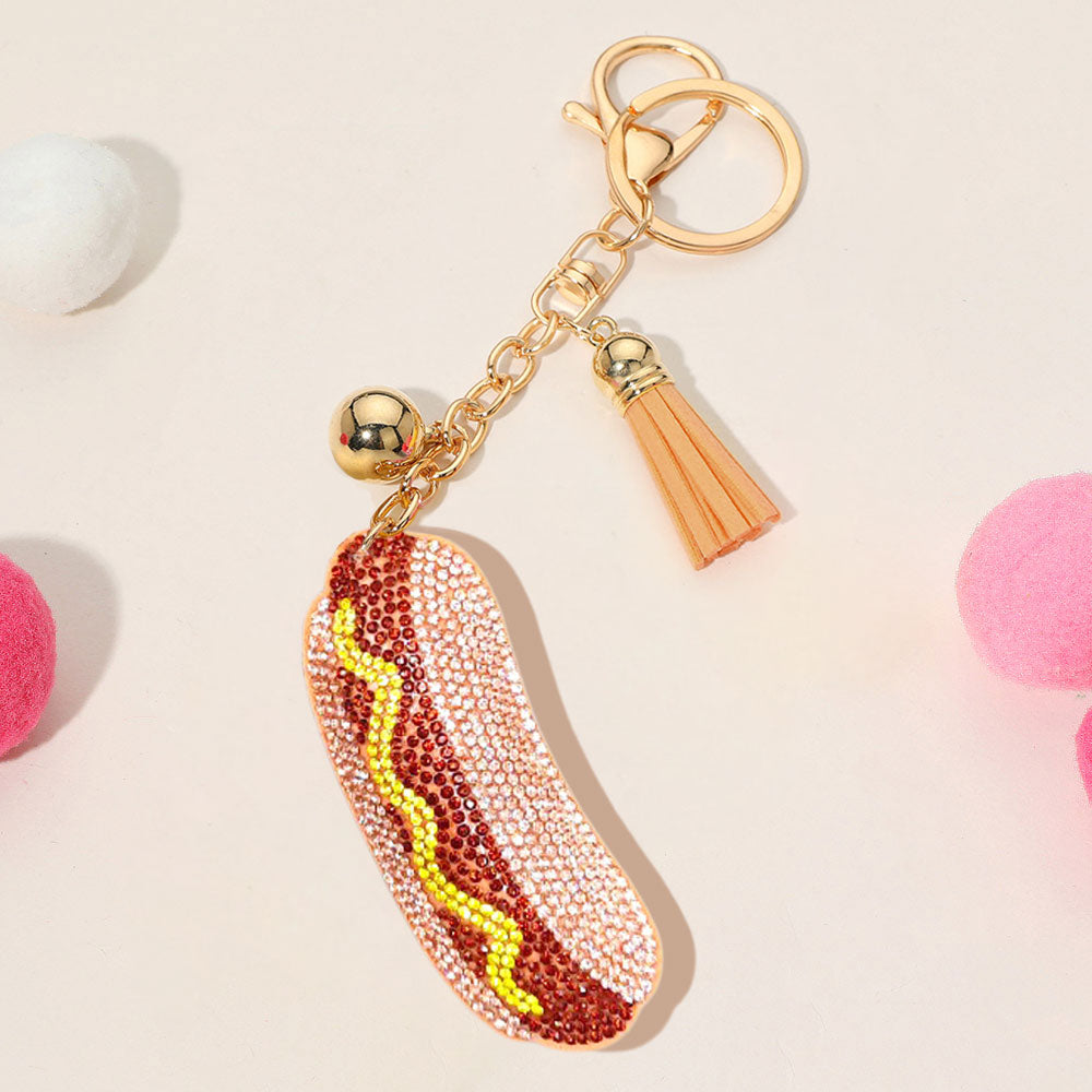 Bling Studded Hotdog Tassel Keychain / Bag Charm