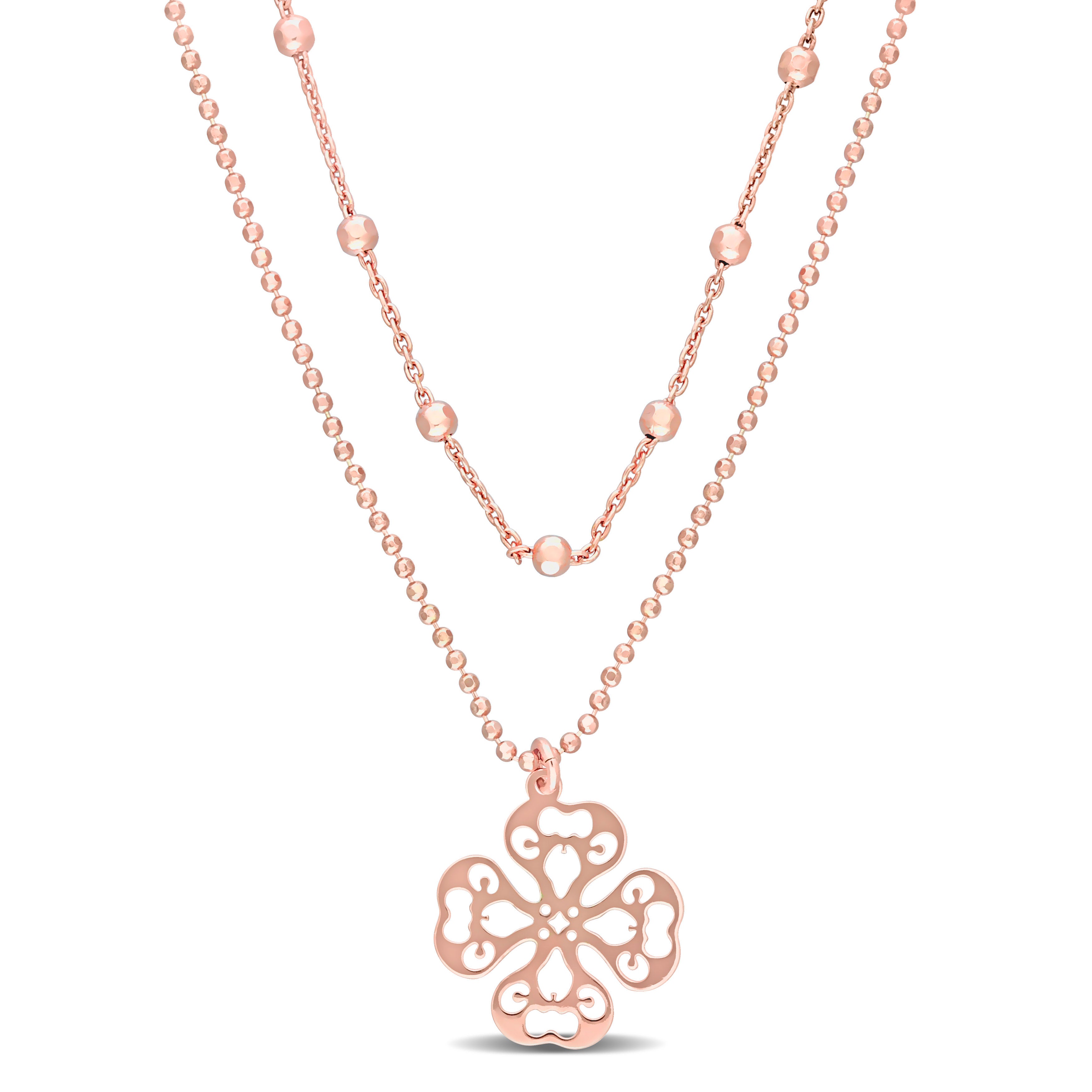 2-Strand Ball Bead Chain Necklace in 18k Rose Gold Plated Sterling Silver, 19 in