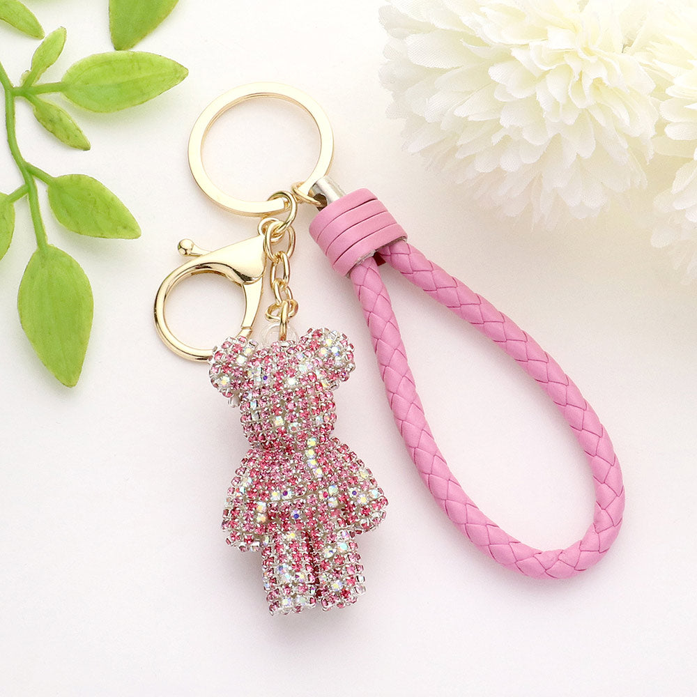 Bling 1.25" X 2.25", 4.9" L Bear Figure Faux Leather Strap Keychain