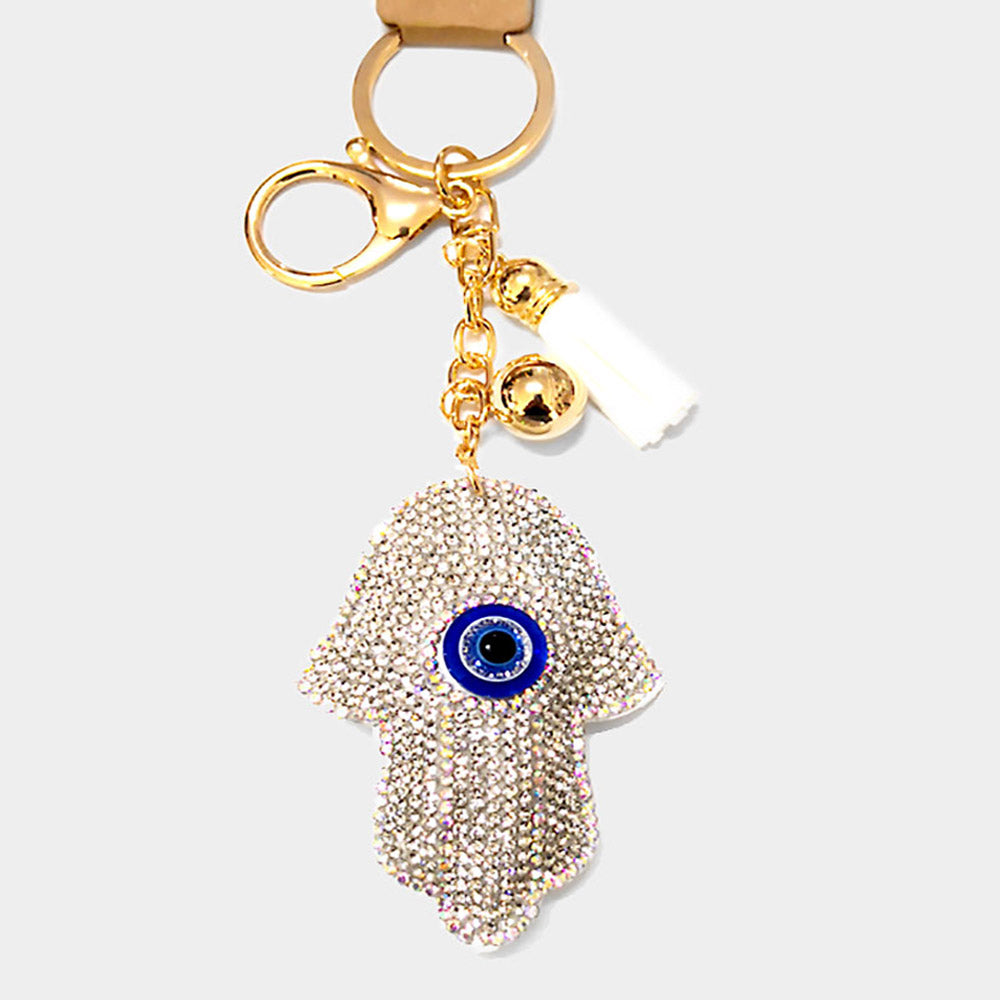 Evil Eye Centered Bling Hamsa Hand Tassel Keychain