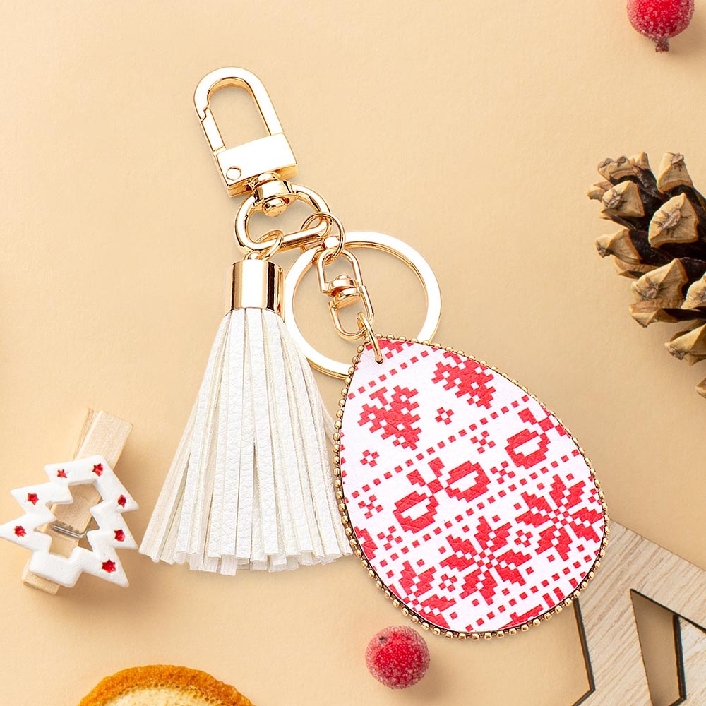 Christmas Pattern Print Faux Leather Teardrop Tassel Keychain / Bag Charm