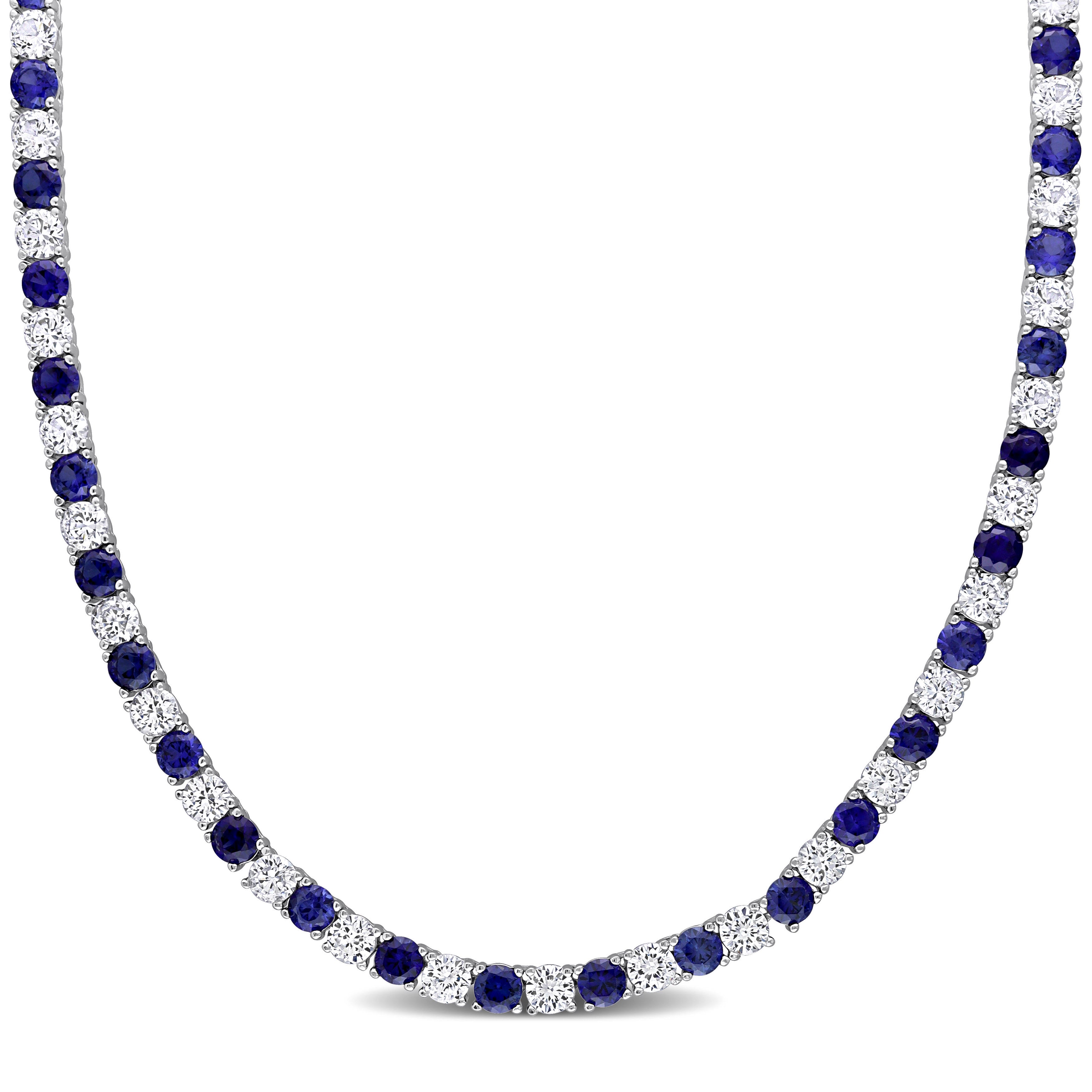 33 CT TGW Created Blue and Created White Sapphire Tennis Necklace in Sterling Silver