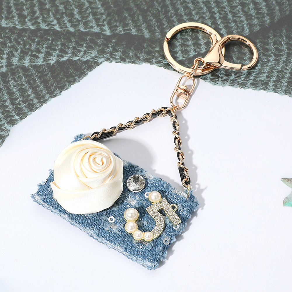 Fabric Flower Pearl Paved Number Five Embellished Handbag Keychain / Bag Charm