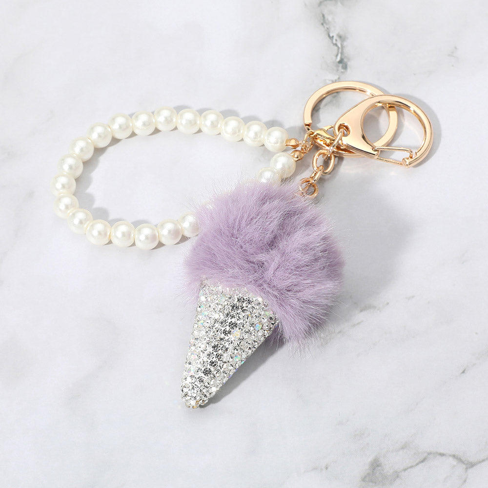 Bling Studded Pom Pom Ice Cream Cone Pearl Wristlet Keychain / Bag Charm