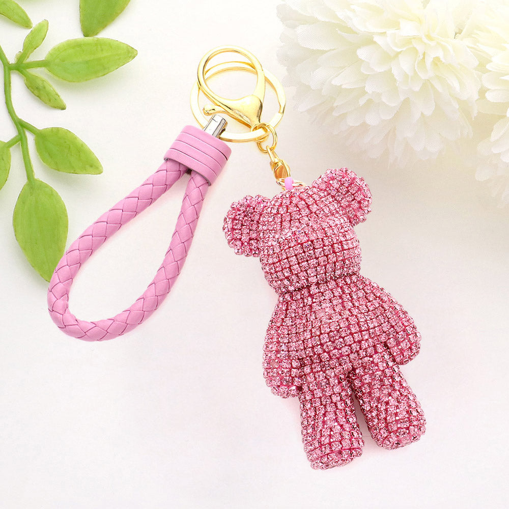 Bling Bear Figure Faux Leather Strap Keychain