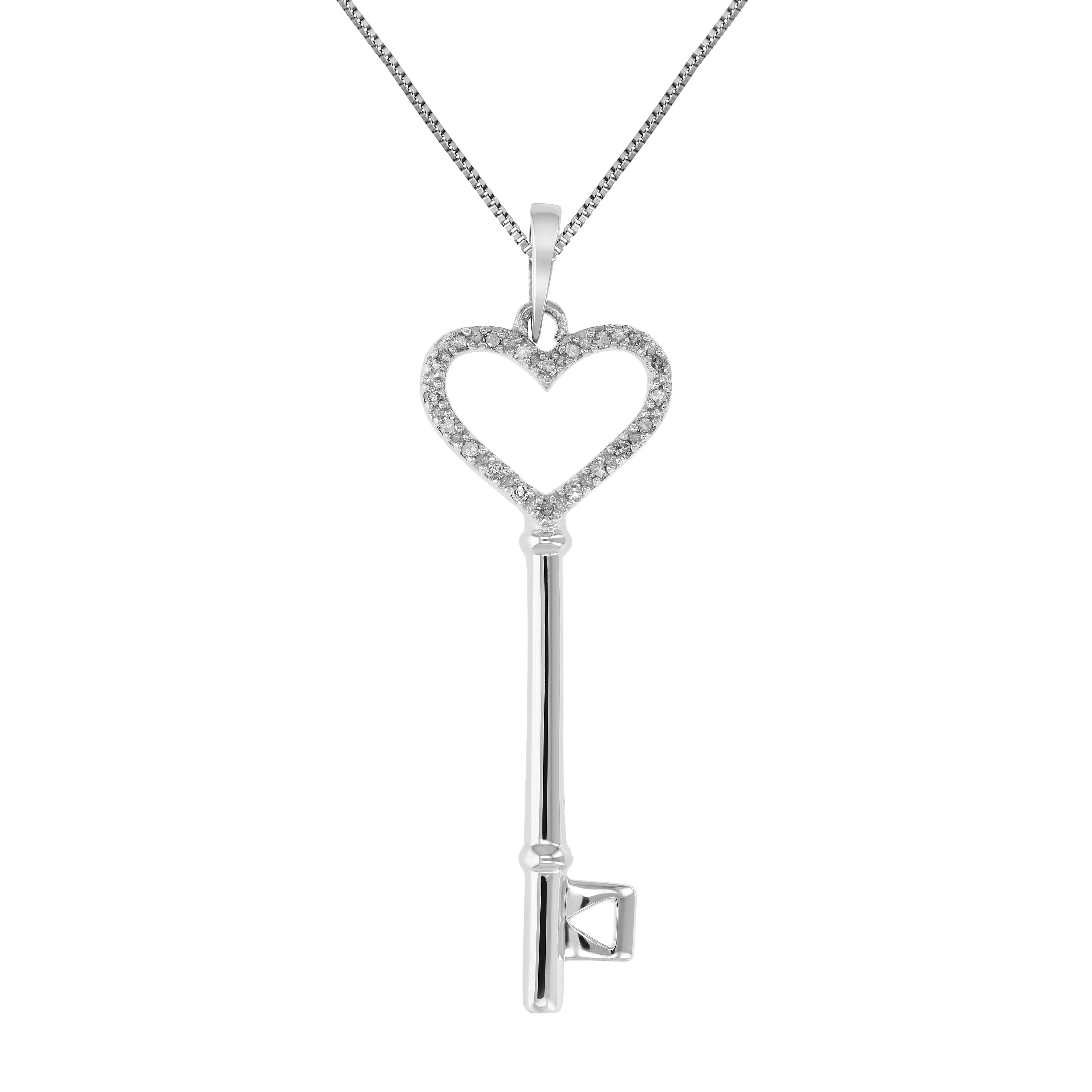 1/8 cttw Diamond Heart and Key Pendant Necklace .925 Sterling Silver with Chain