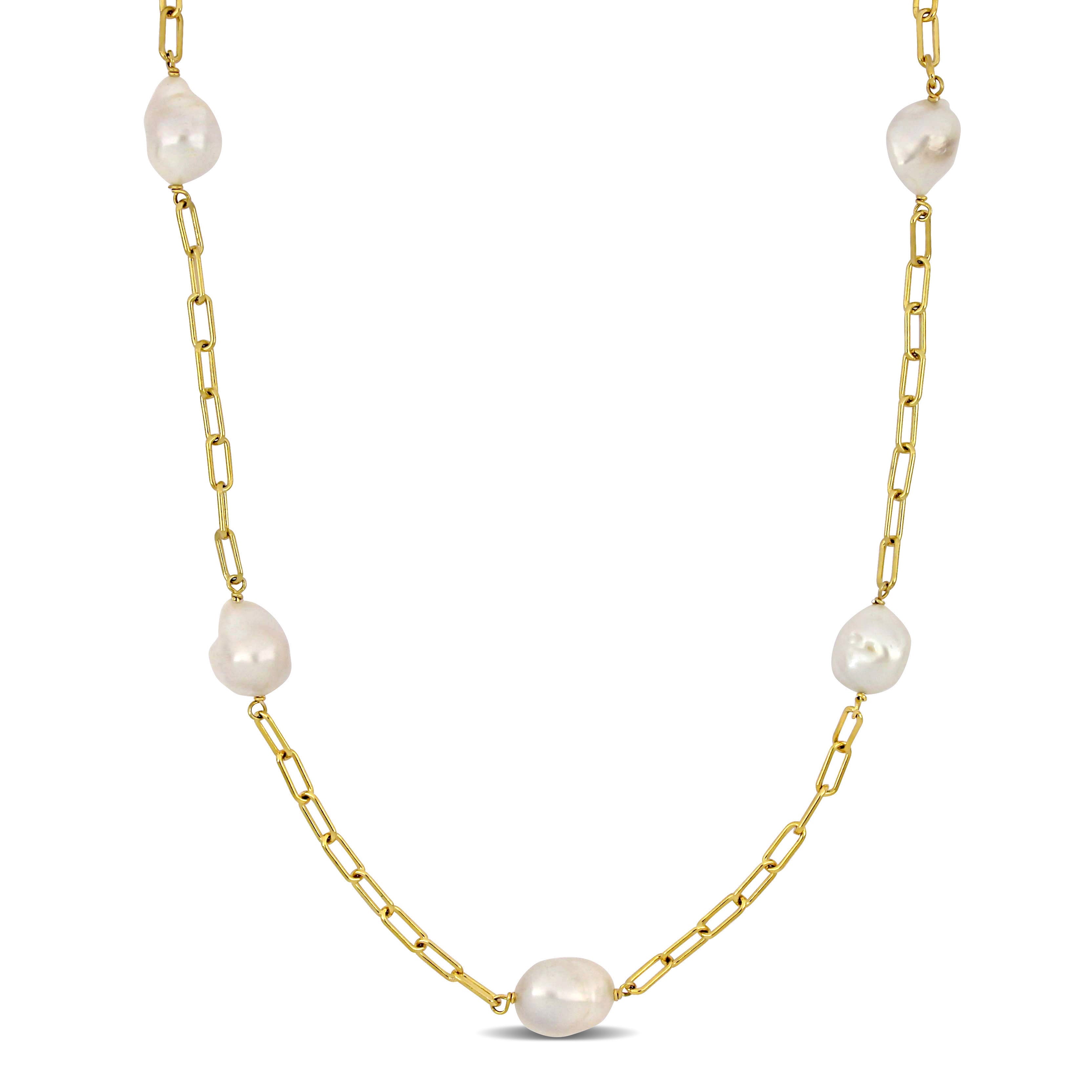 12-14 MM Cultured Freshwater Coin Pearl Station Chain Necklace in 18k Yellow Gold Plated Sterling Silver