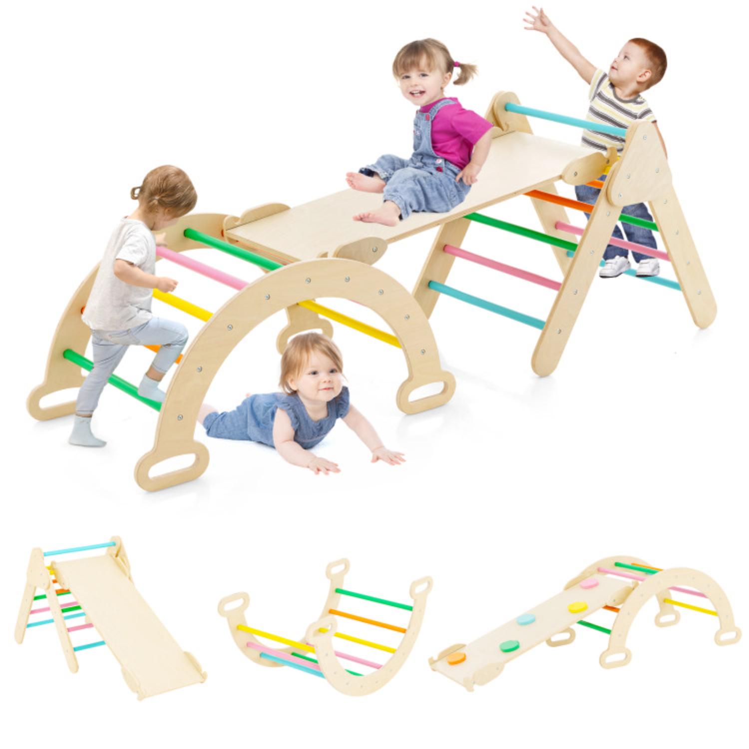 2-in-1 Wooden Kids Climber Toys with Triangle Arch Ramp-Natural