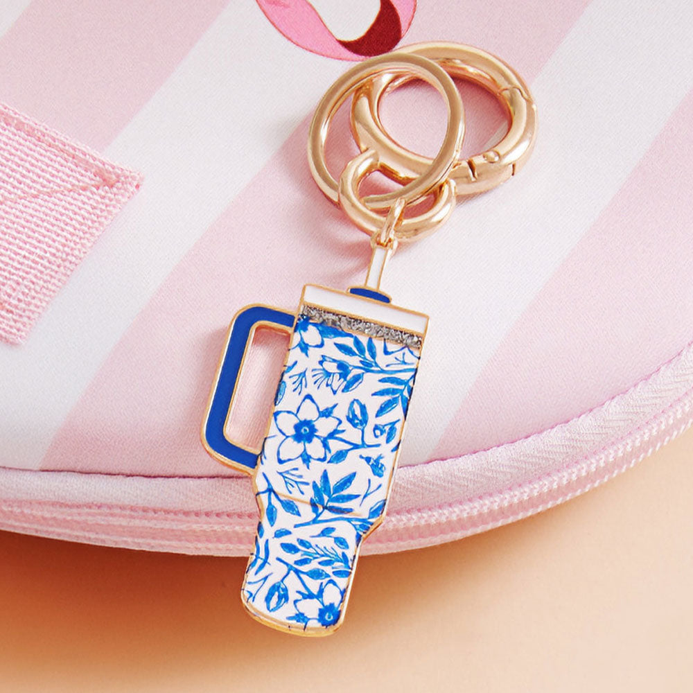 Enamel Floral Pattern Tumbler Back Engraved Keychain / Bag Charm
