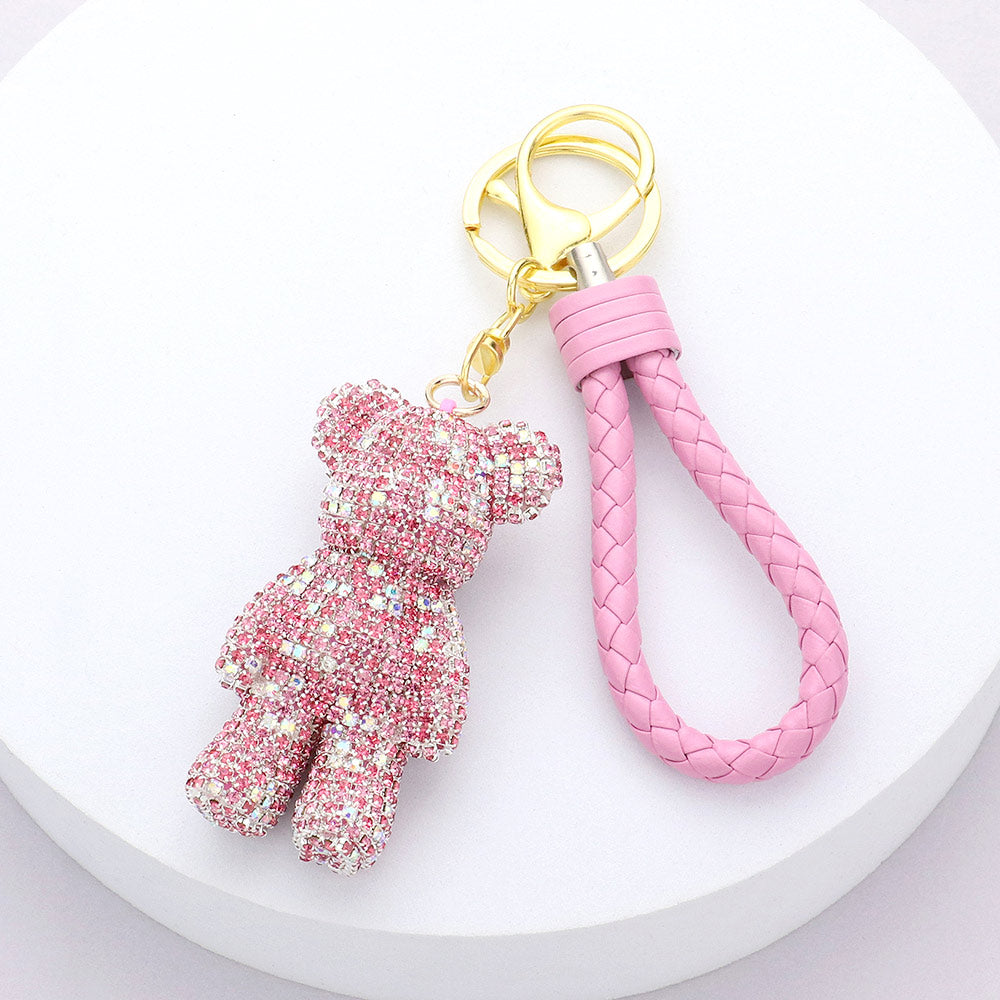 Bling Bear Rhinestone Faux Leather Strap Keychain