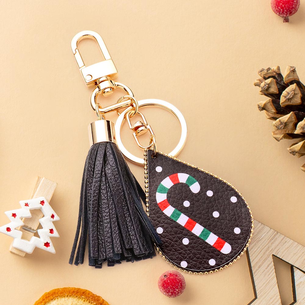 Candy Cane Print Faux Leather Teardrop Tassel Keychain / Bag Charm